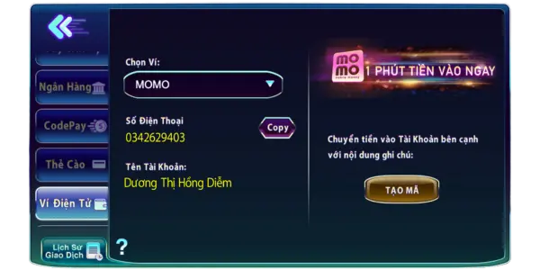 nạp tiền qua ví điện tử momo - Viettel pay